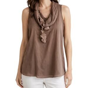 WinterSilks Ruffle Blouse Top Sleeveless Flowy Career 100% Silk Brown Large